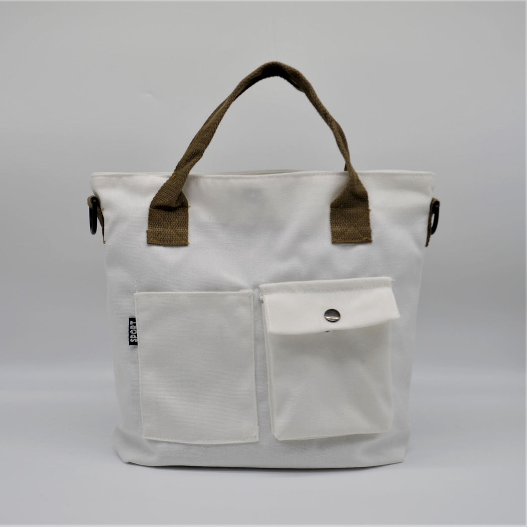 Pockets  Cotton Canvas TOTE Bag WHITE-OLIVE